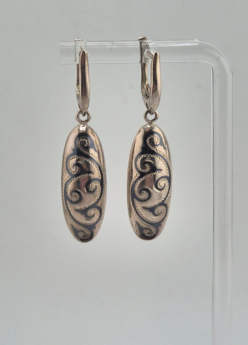 Sterling Silver Dark Blue Enamel Scroll Dangle Earrings 925 Lightweight